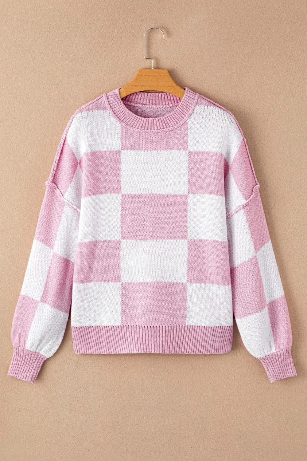 Maxct &Checkered Exposed Seam Drooped Shoulder Sweater
