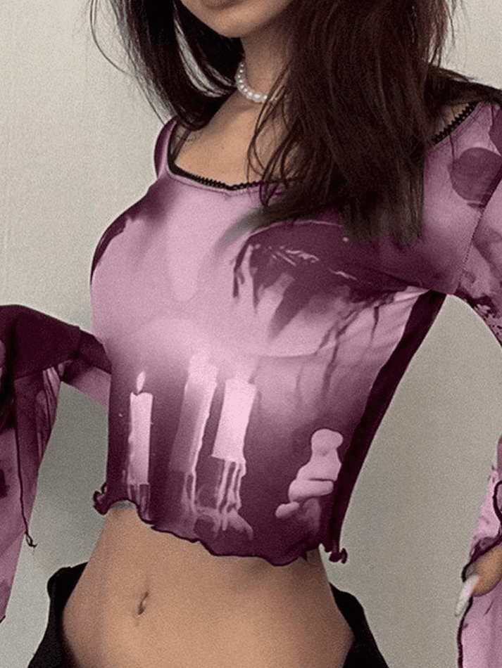 Maxct Cropped Flare Cuffs Mesh Blouse