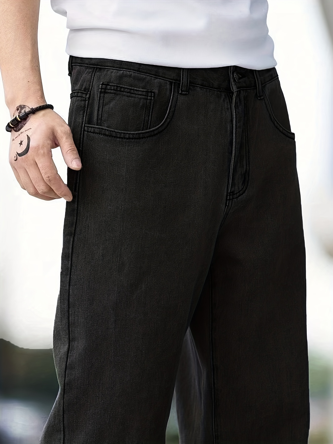 Classic Design Wide Leg Jeans, Men's Casual Street Style Solid Color Denim Pants For Spring Summer