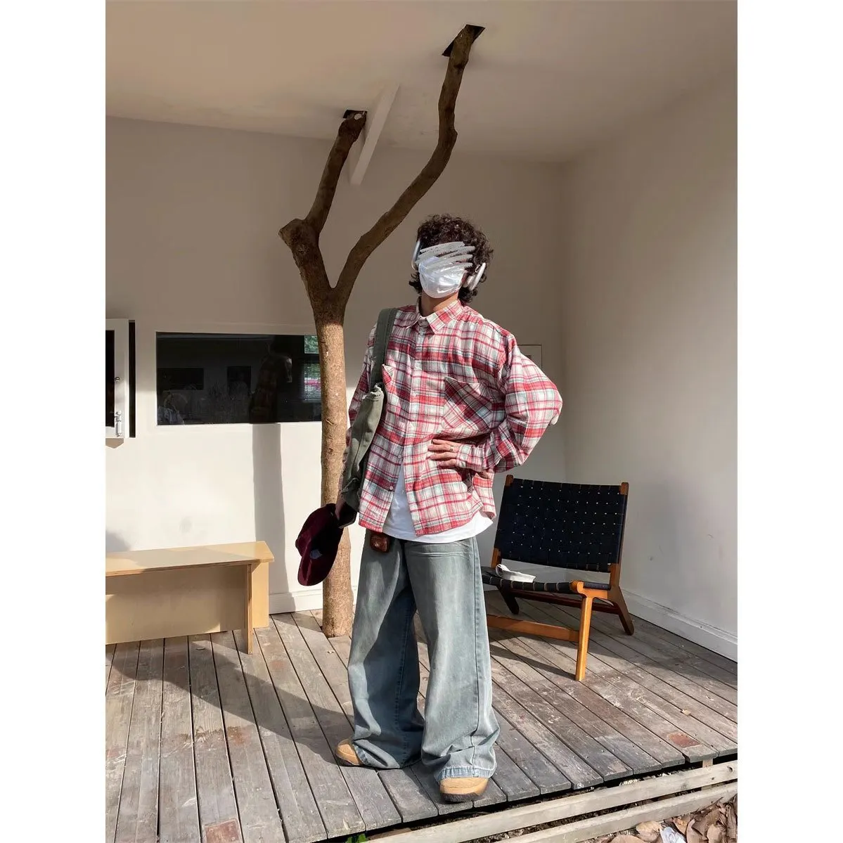 Maxct 90s Streetwear American Retro Plaid Shirt Men's Spring And Autumn New Loose Casual Lazy Style Long-sleeved Shirt All-match Coat Top