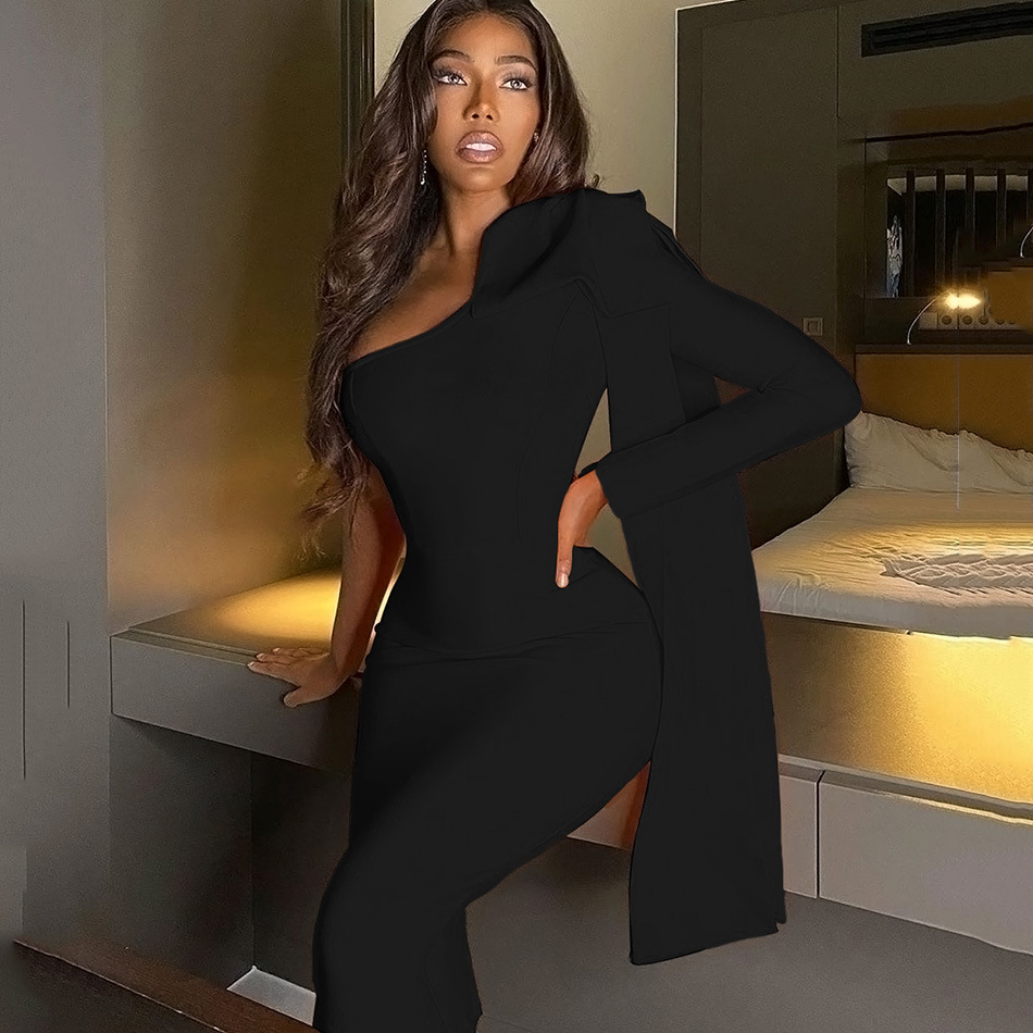 High-end Women's Rich And Golden Style Bandage Dress Three-dimensional Big Bow Shoulder Waisted Dinner Cocktail Dress