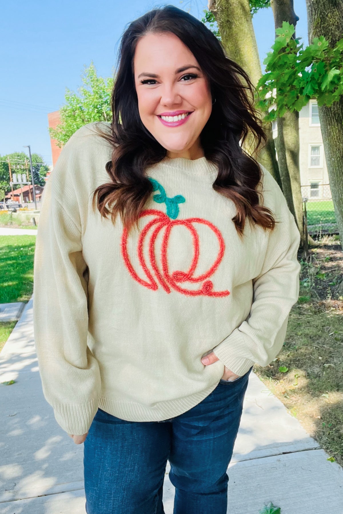 Maxct &Pumpkin Spice Metallic Yarn Embroidered Oversized Sweater