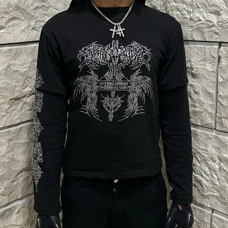 Maxct Y2k Round Neck Long Sleeved Hip-Hop Rap Vintage Hot Diamond Pattern T-Shirt Streetwear Oversize Sweatshirt Tops With Contrasting