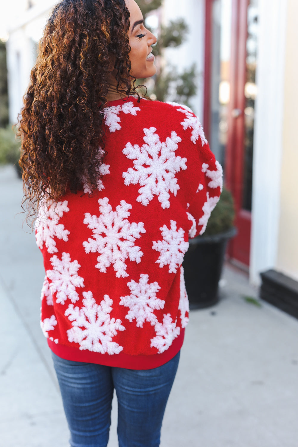 Maxct &Season Greetings Red Puffy Snowflake Sherpa Pullover