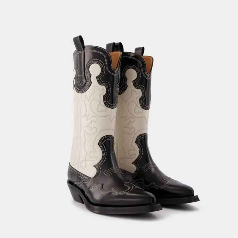 Womens Contrasting Embroidery Western Boots Mid Calf Cowboy Boots Maxct