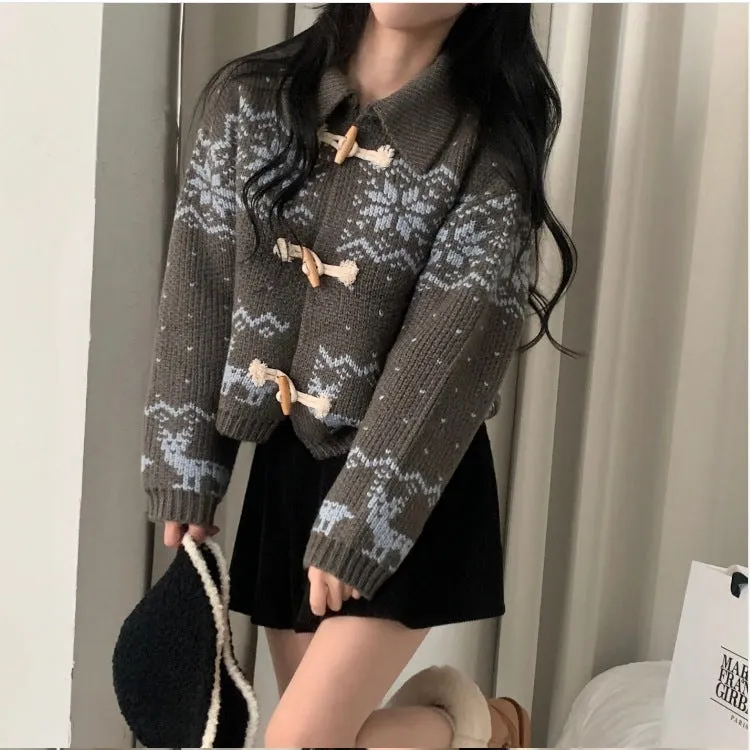 Maxct Aesthetic Snowflake Horn Button Knitted Cardigan - Image 5