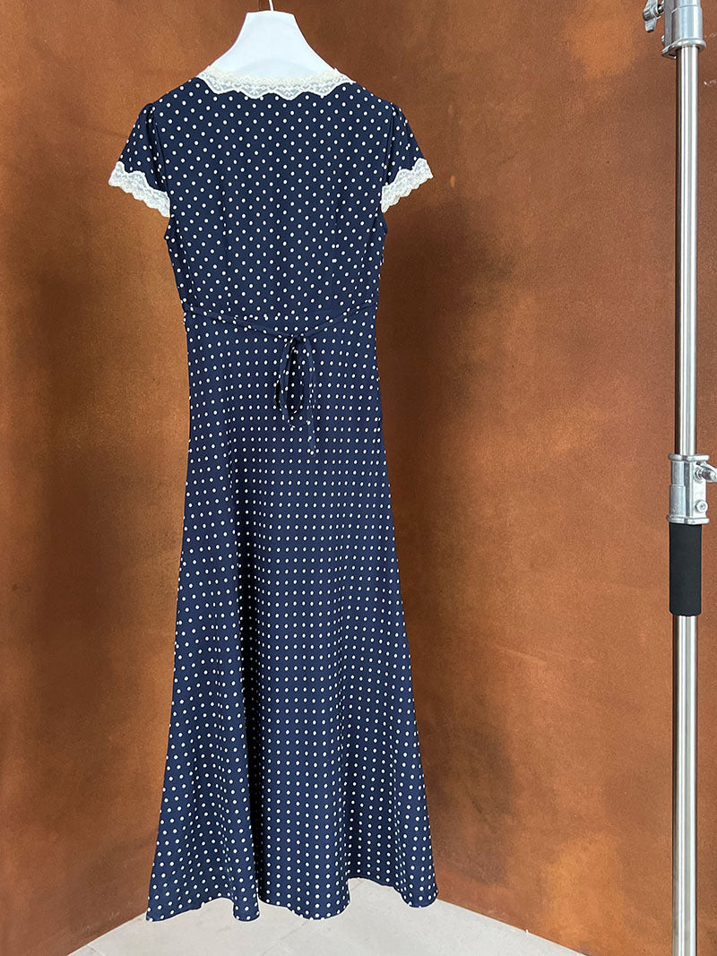 Maxct The Navy V Neck Polka Dot Lace Ruched Maxi Dress
