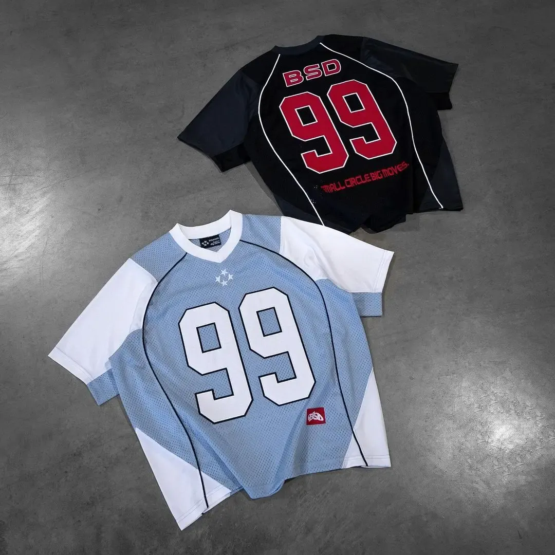 Y2K Retro American Casual Hip-hop Splicing Clothing Vintage Aesthetic Gothic Fashion Sports High Street Jersey T-shirt Man