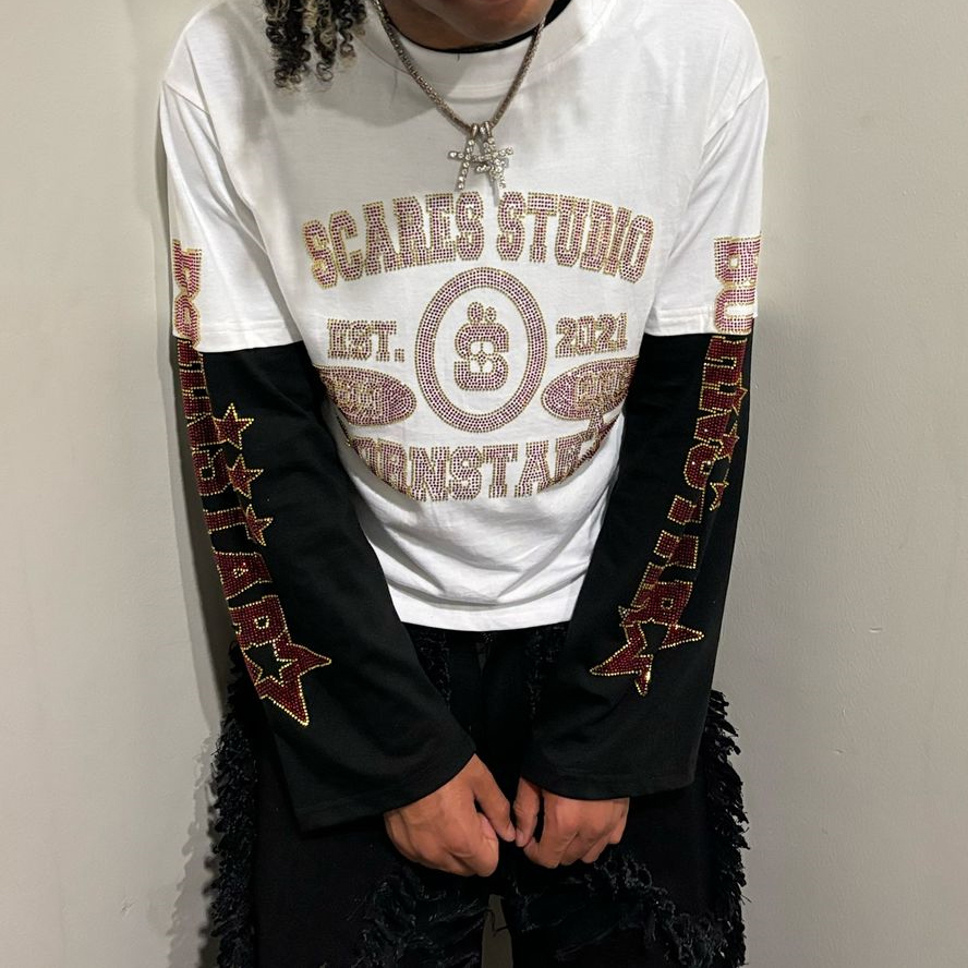 Y2k Round Neck Long Sleeved Hip-Hop Rap Vintage Hot Diamond Pattern T-Shirt Streetwear Oversize Sweatshirt Tops With Contrasting