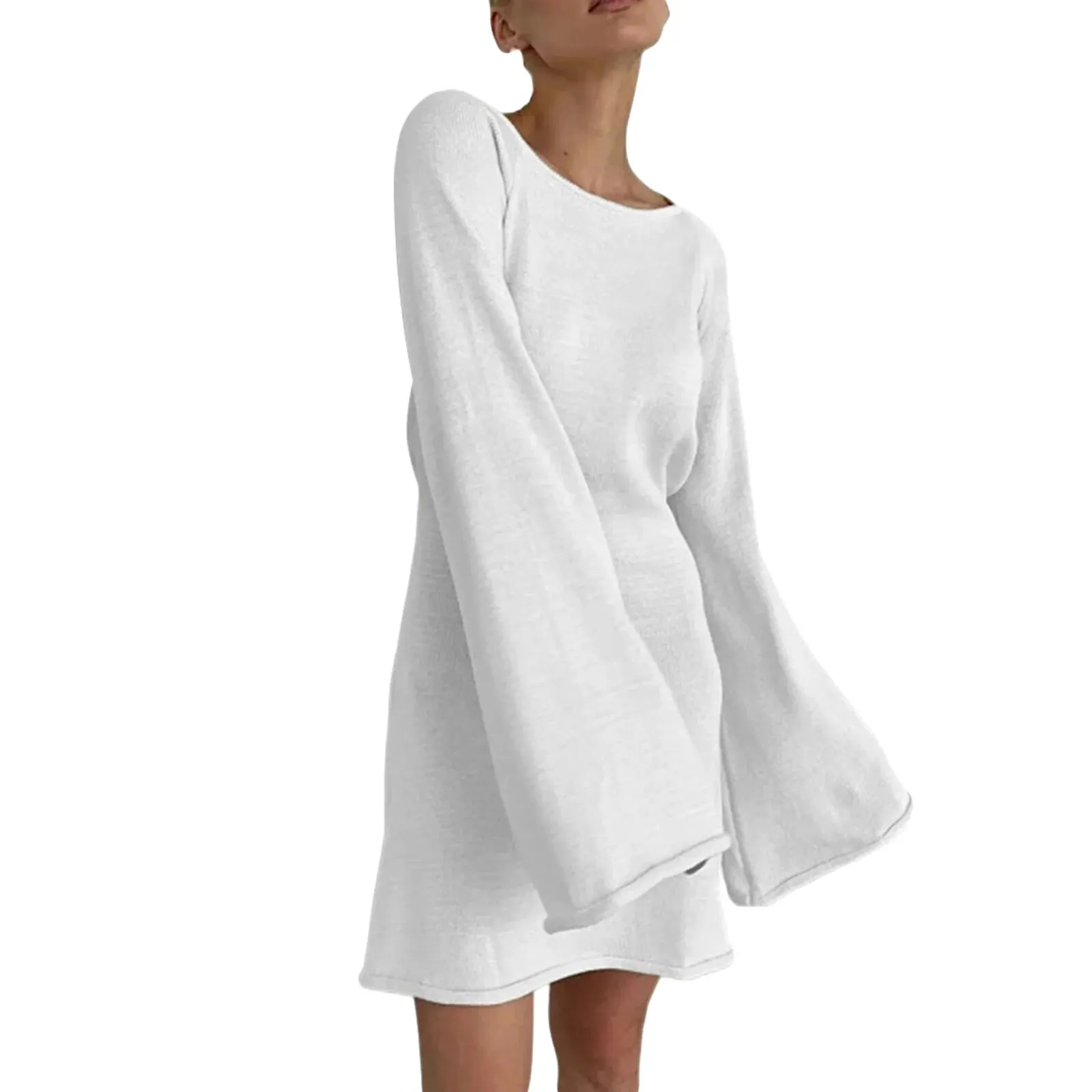 Maxct Women Knitted Dress Casual Solid Color Backless Long Sleeve Mini Party Dress for Beach Cocktail Club Streetwear
