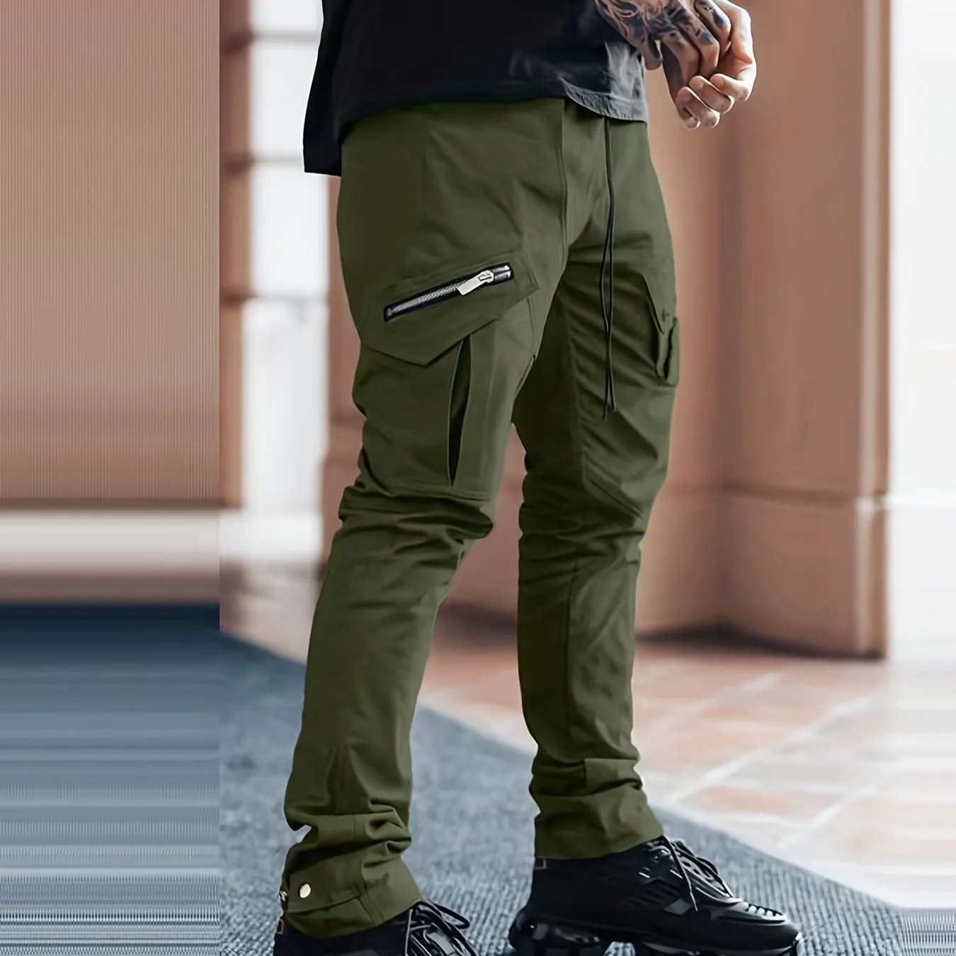Maxct  Men's Drawstring Cargo Pants, Zip Pocket Slim Fit Trendy Outdoor Pants, Mens Work Pants, Tactical Pants