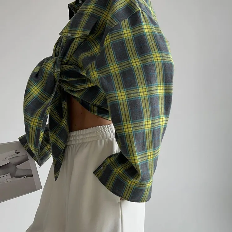 Retro Lapels Lattice Loose Shirt For Women Single-Breasted Long Sleeves Stripe Summer New Casual Versatile Pocket Shirt