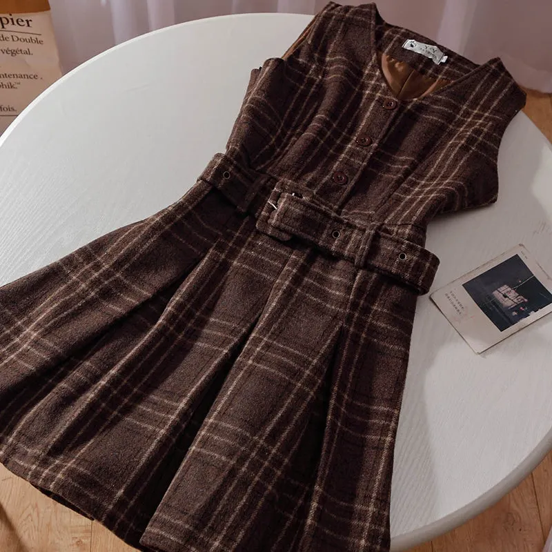 Coffee Plaid Pinafore Dress / Blouse Maxct