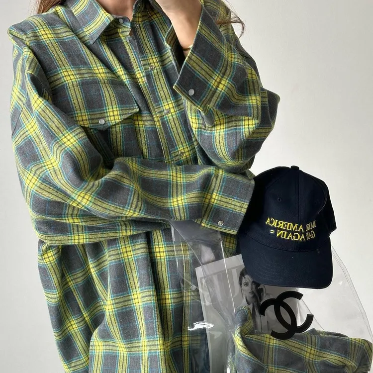 Retro Lapels Lattice Loose Shirt For Women Single-Breasted Long Sleeves Stripe Summer New Casual Versatile Pocket Shirt