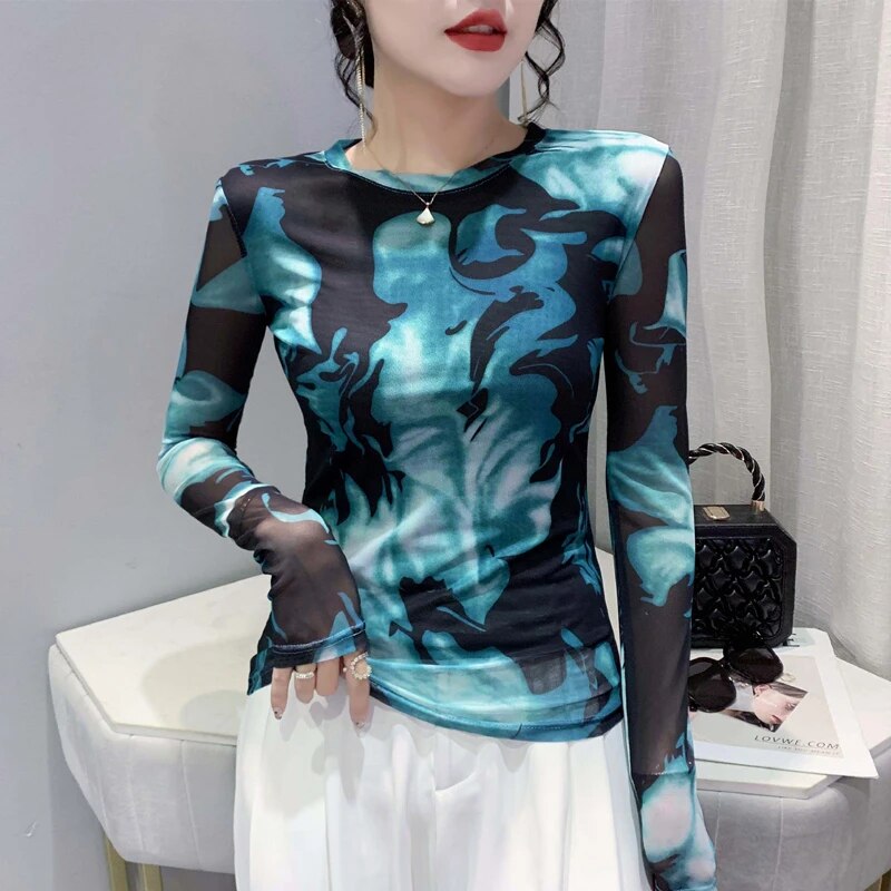 Maxct Full Sleeve O-Neck T-shirt Girls Stretchy Printed Mesh TShirts Tops Woman Stretchy Slim Tee