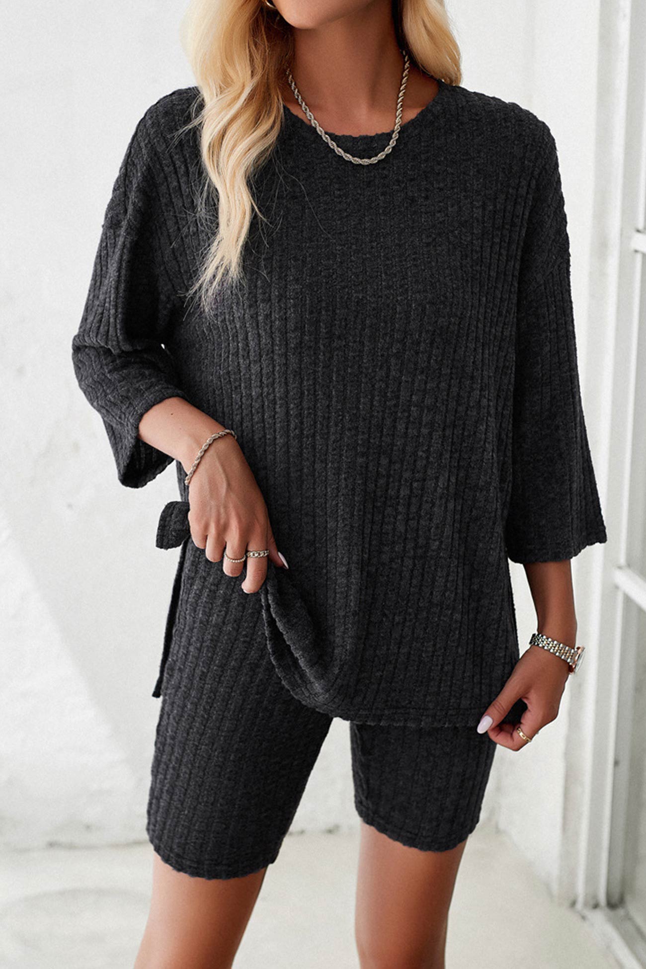 Maxct Ribbed Knit T-shirt Shorts Suits