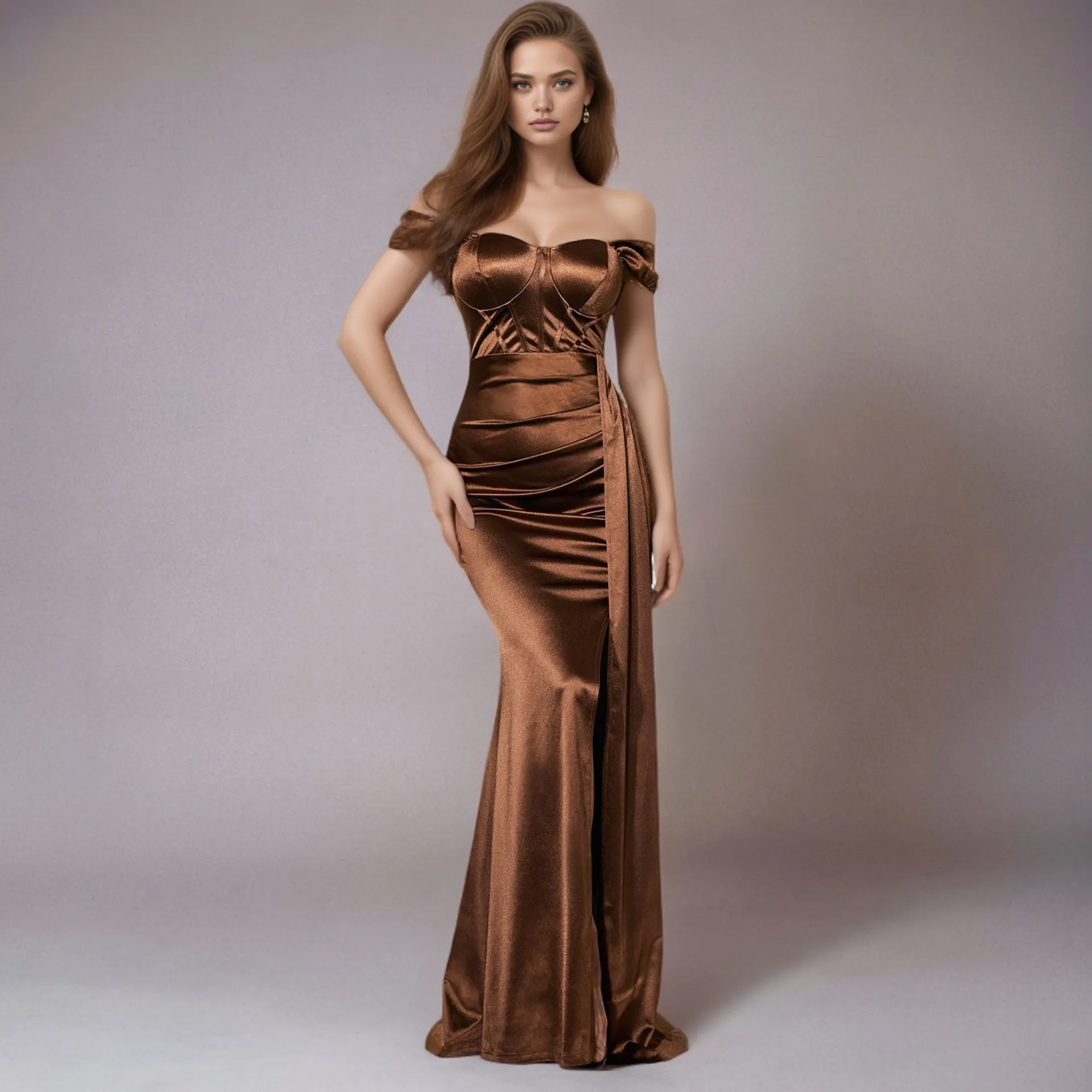 Maxct pirates vs sailors drees to impress Middle East Ins Waist Solid Color off-Neck Slit Evening Dress Fishtail Dress Long Skirt Dress