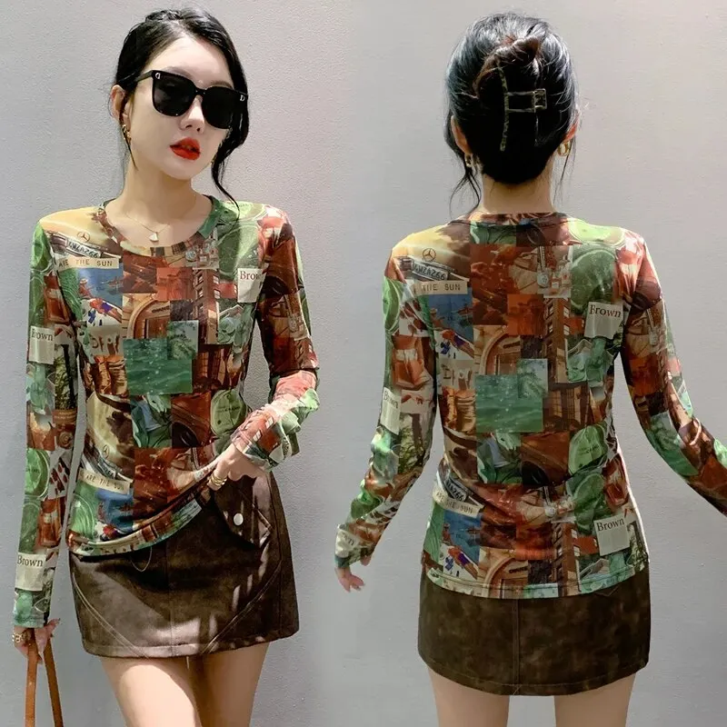 Maxct S-3XL New Vague Printing Mesh T-shirt Women's Round Neck Long Sleeve High Stretch Light Fabric Tees Tops - Image 12