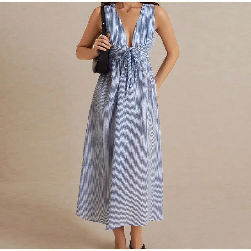 Maxct The Blue V Neck Shirred Striped Maxi Dress