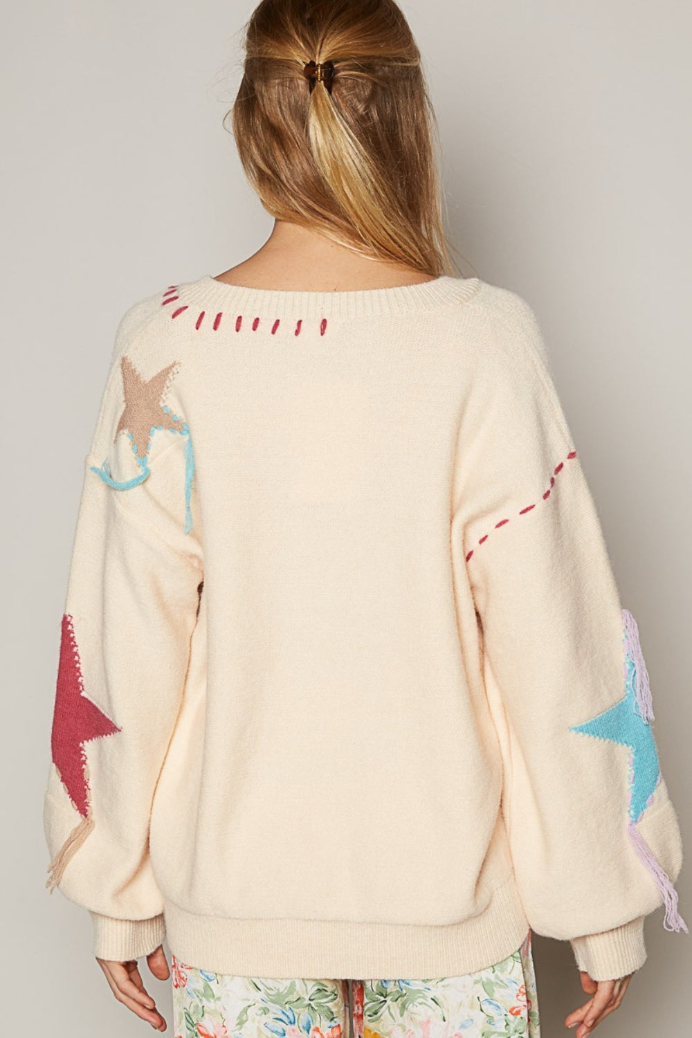 Maxct &POL V-Neck Long Sleeve Star Fringe Sweater
