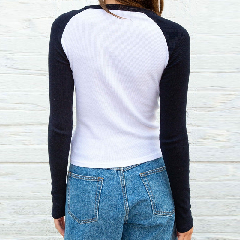 90s Vintage Grunge T-shirt Y2K Retro Cute Crop Top Autumn Contrast Patchwork Long Sleeve Slim Basic Sweats Tees Simple Clothes