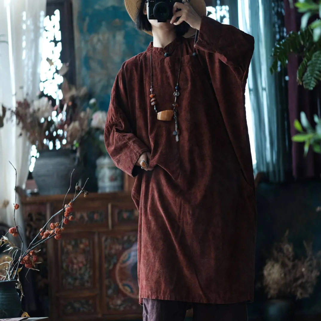 Retro Autumn Plus Size Cotton Stand Collar Red Long Dress