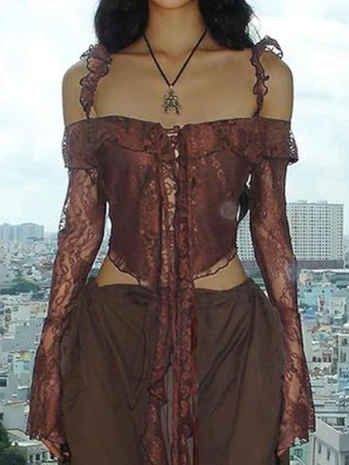 Maxct-Lace Off Shoulder Lacing Cardigan Long Sleeve Blouse