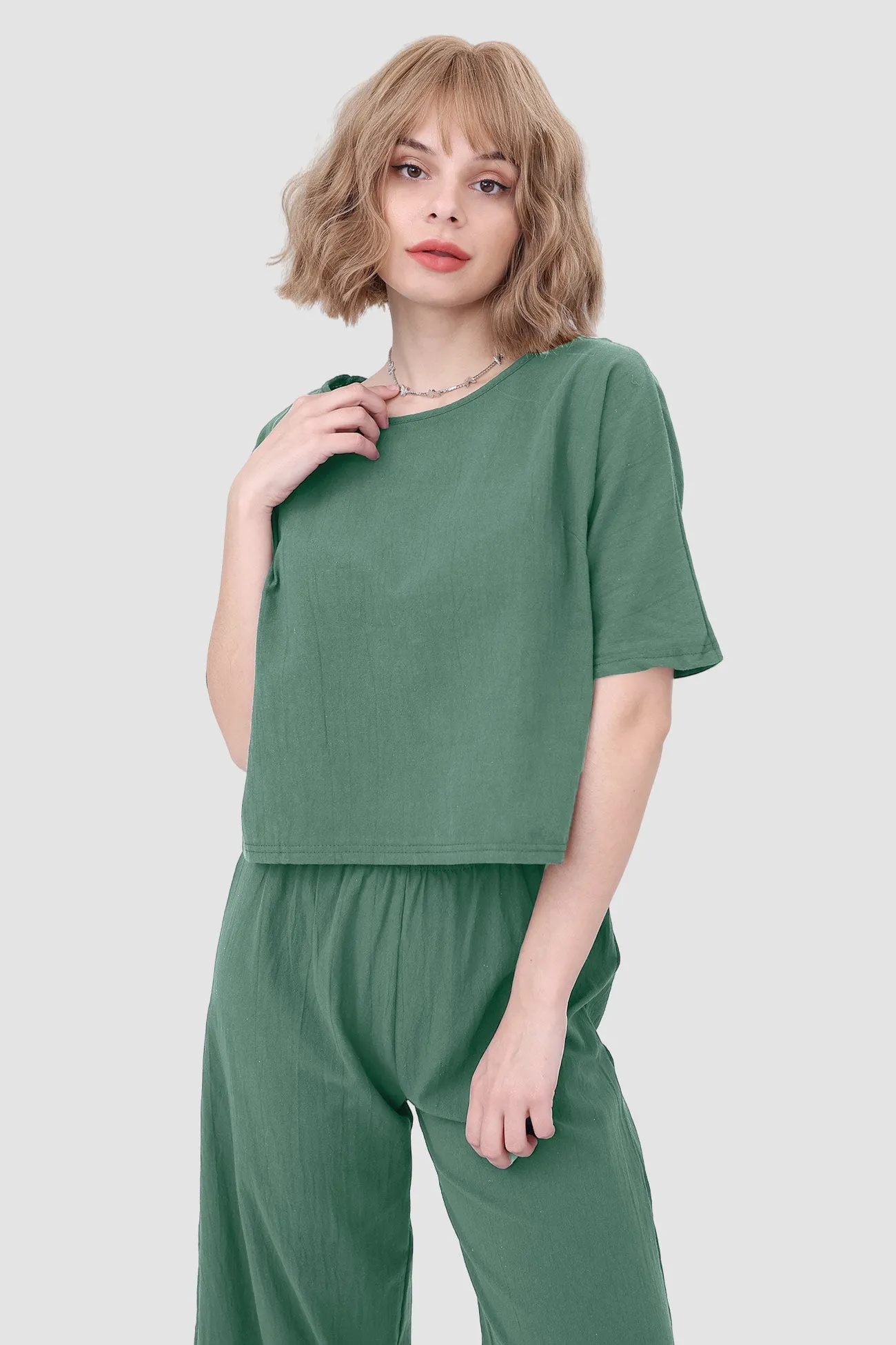 Maxct Solid Short Sleeve Top & Elastic Waist Pants