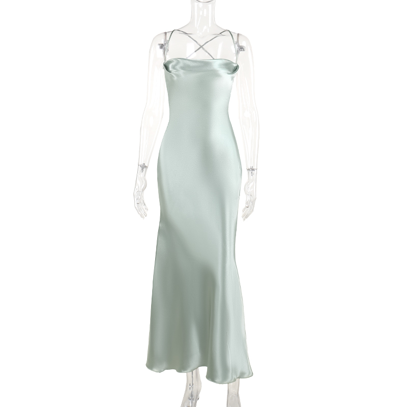 French Elegant Satin Camis Dress Backless Spaghetti Straps Midi Dress Y2K Solid Sleeveless Party Night Vestidos