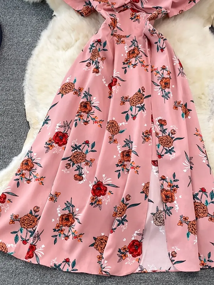 Vintage Women Printed Dresss Sexy Square Collar Short Puff Sleeve High Waist A-Line Vacation Beach Vestidos Female New