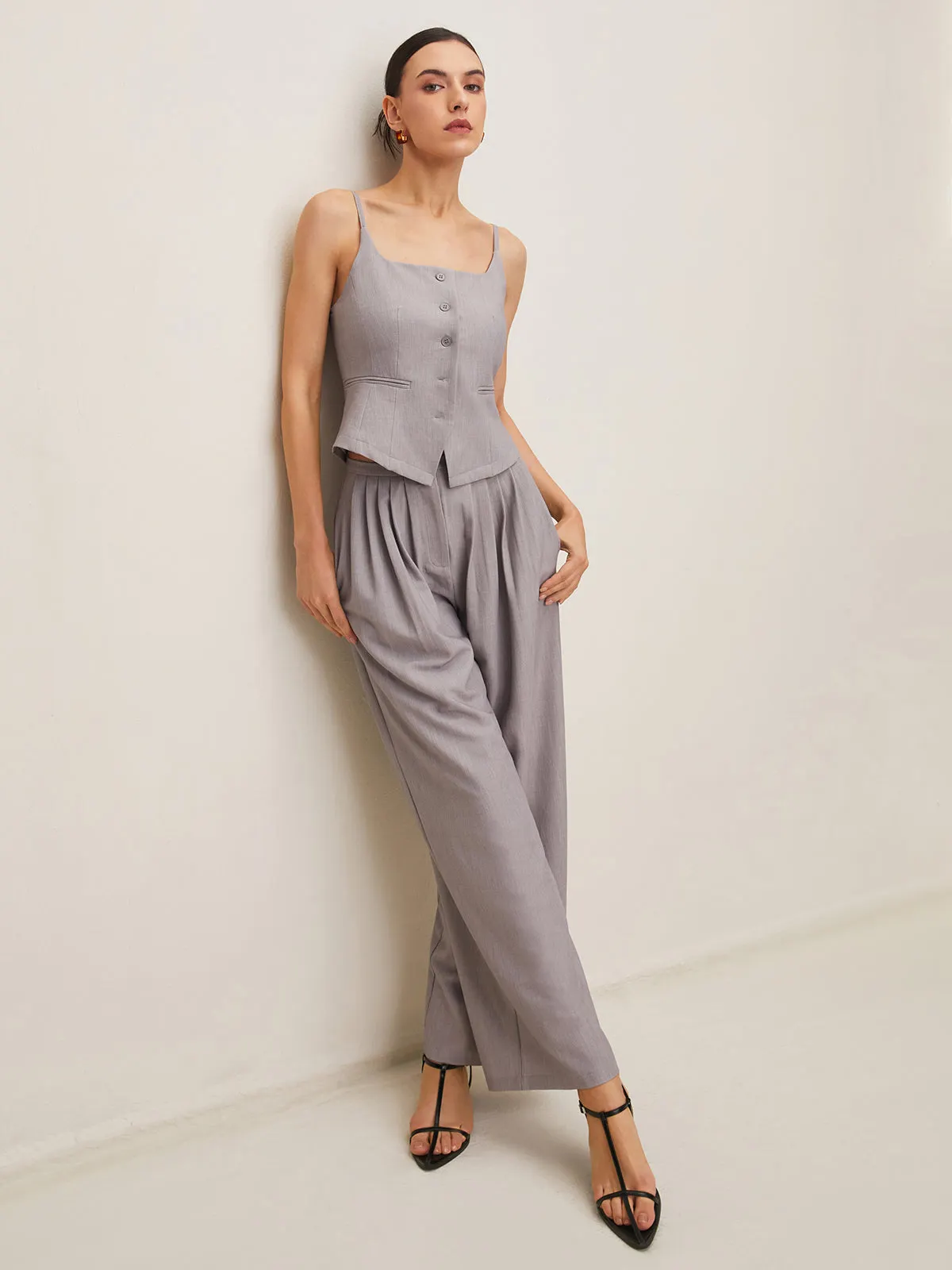 Maxct Pleated Sleeveless Plain Pants Set