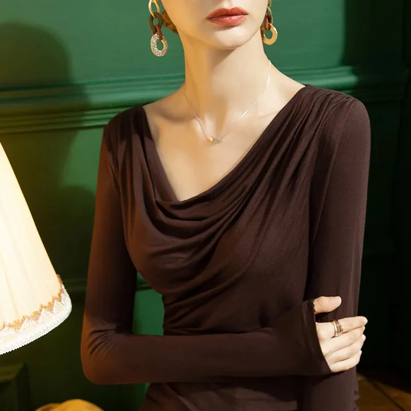 Maxct Autumn Full Sleeve Modal T-shirts Girls Heaps Collar Solid Soft Slim Stretchy Tshirts Tops For Woman
