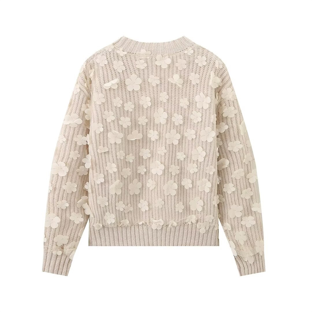 Maxct Autumn New Women's Fashion Loose Flower Decoration Splicing Long Sleeve Round Neck Knitted Shirt