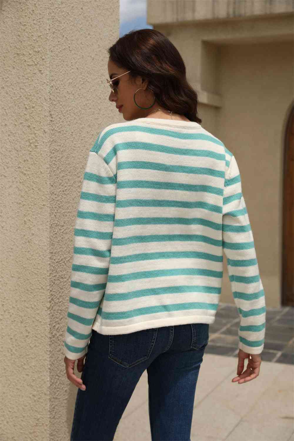 Maxct &Striped Round Neck Button-Down Dropped Shoulder Cardigan