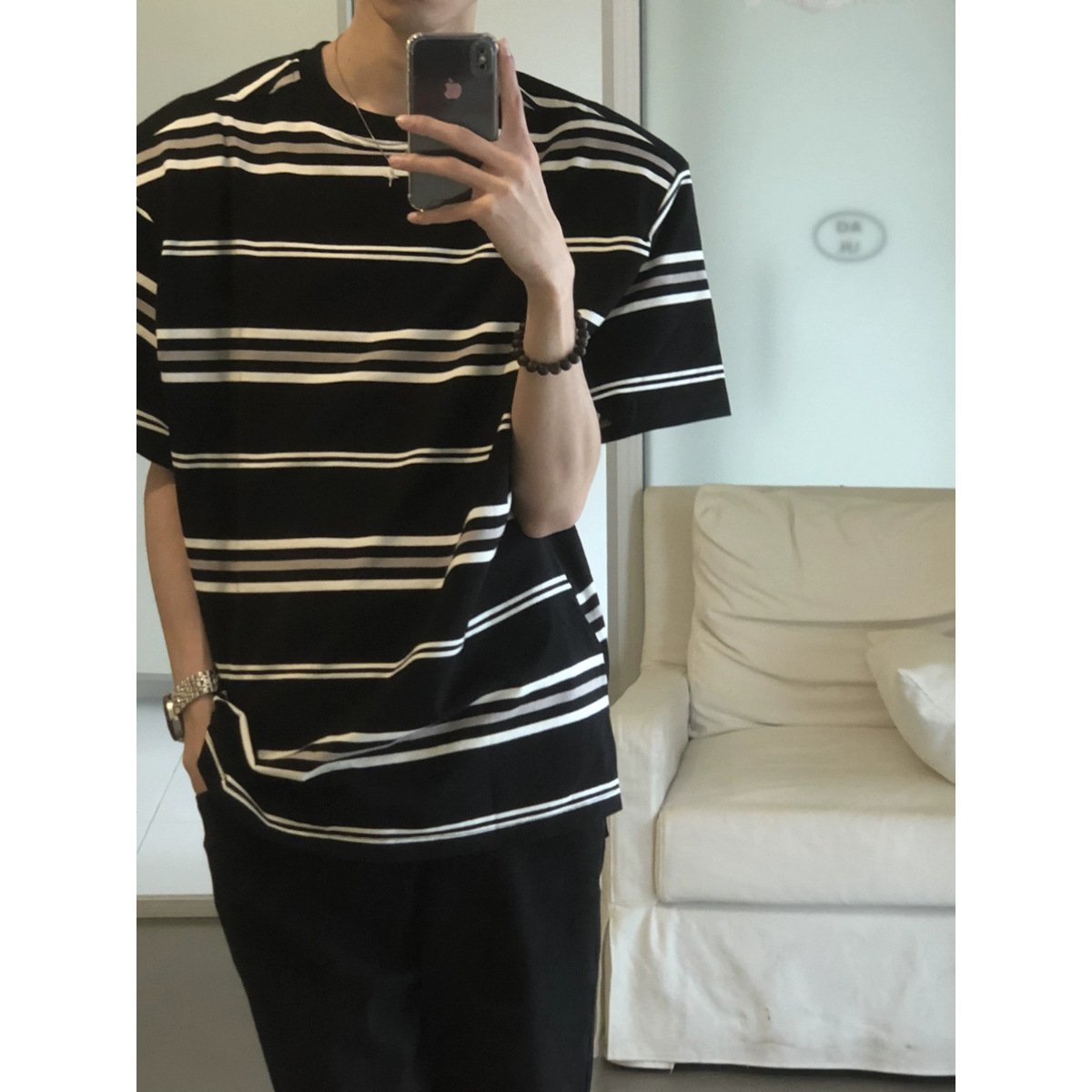 Maxct 90s Streetwear American Style Retro Black And White Striped Short-sleeved T-shirt Men's Trendy Brand Pure Cotton Lazy Style Oversize Summer New Half-sleeved T-shirt