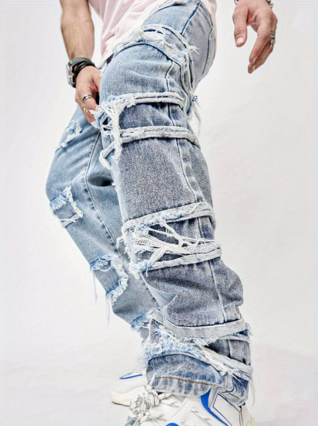 Men's Ripped Frayed Straight Leg Jeans