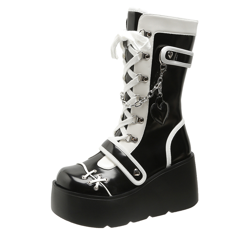 Platform Wedge Women's Boots Black and White Punk Gothic Style - true deals club
