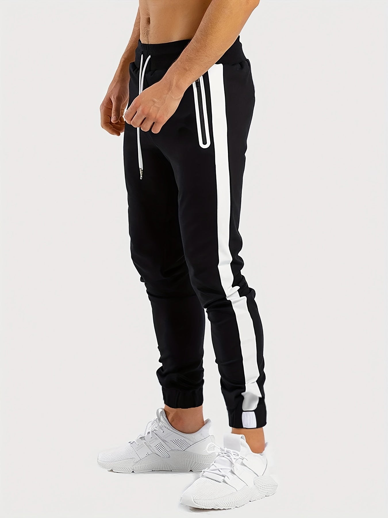 Maxct  Men's Chic Zipper Pockets Casual Pants, Waist Drawstring Stretch Joggers Sweatpants