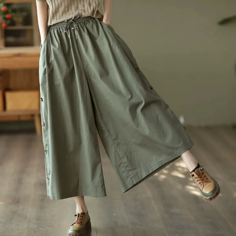 Loose Wide-Leg Side Buttons Cotton Linen Casual Pants for Women