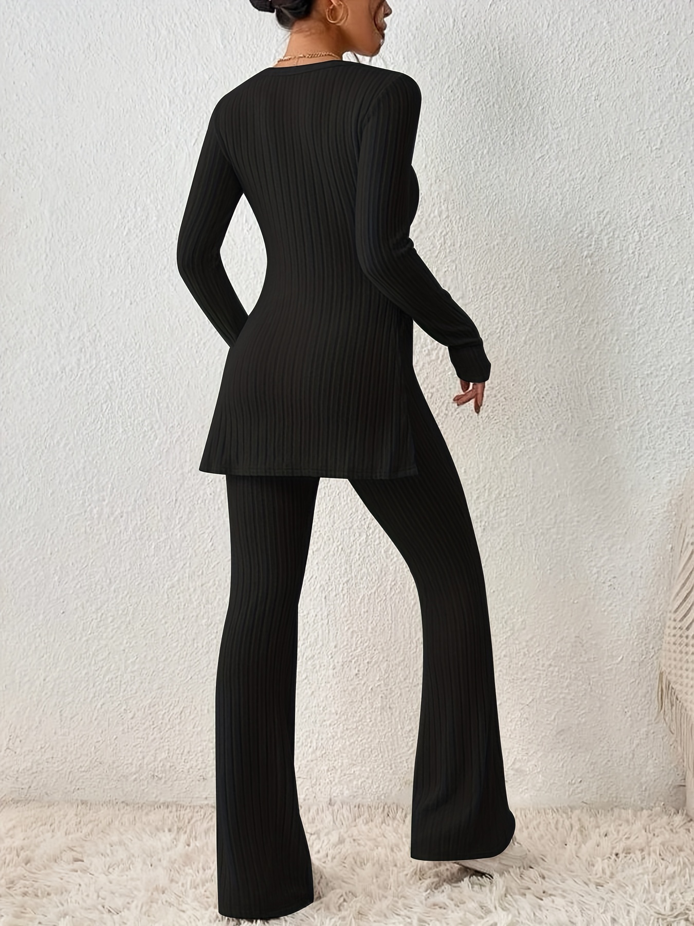 Solid Textured Two-piece Set, Long Sleeve Slit Long Length Top & Skinny Pants Outfits, Women's Clothing