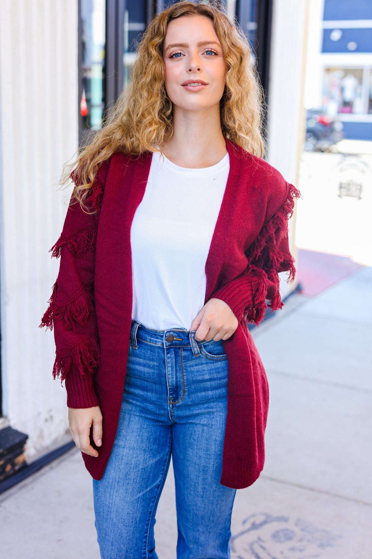 Maxct &Beautiful You Burgundy Fringe Detail Knit Cardigan