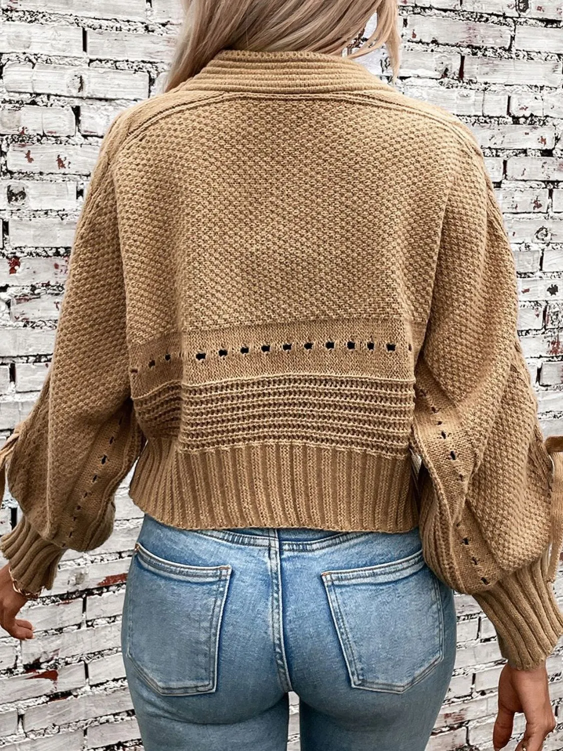 Maxct &Cable-Knit Tied Open Front Lantern Sleeve Cardigan