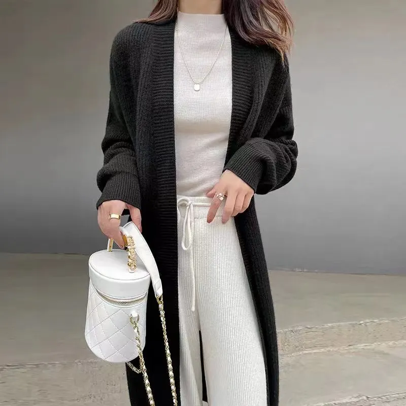 Maxct Casual Knitted Solid Long Cardigan Women Korean Loose Long Open Sweaters Female Autumn Chic Warm Simple Daily Street Tops