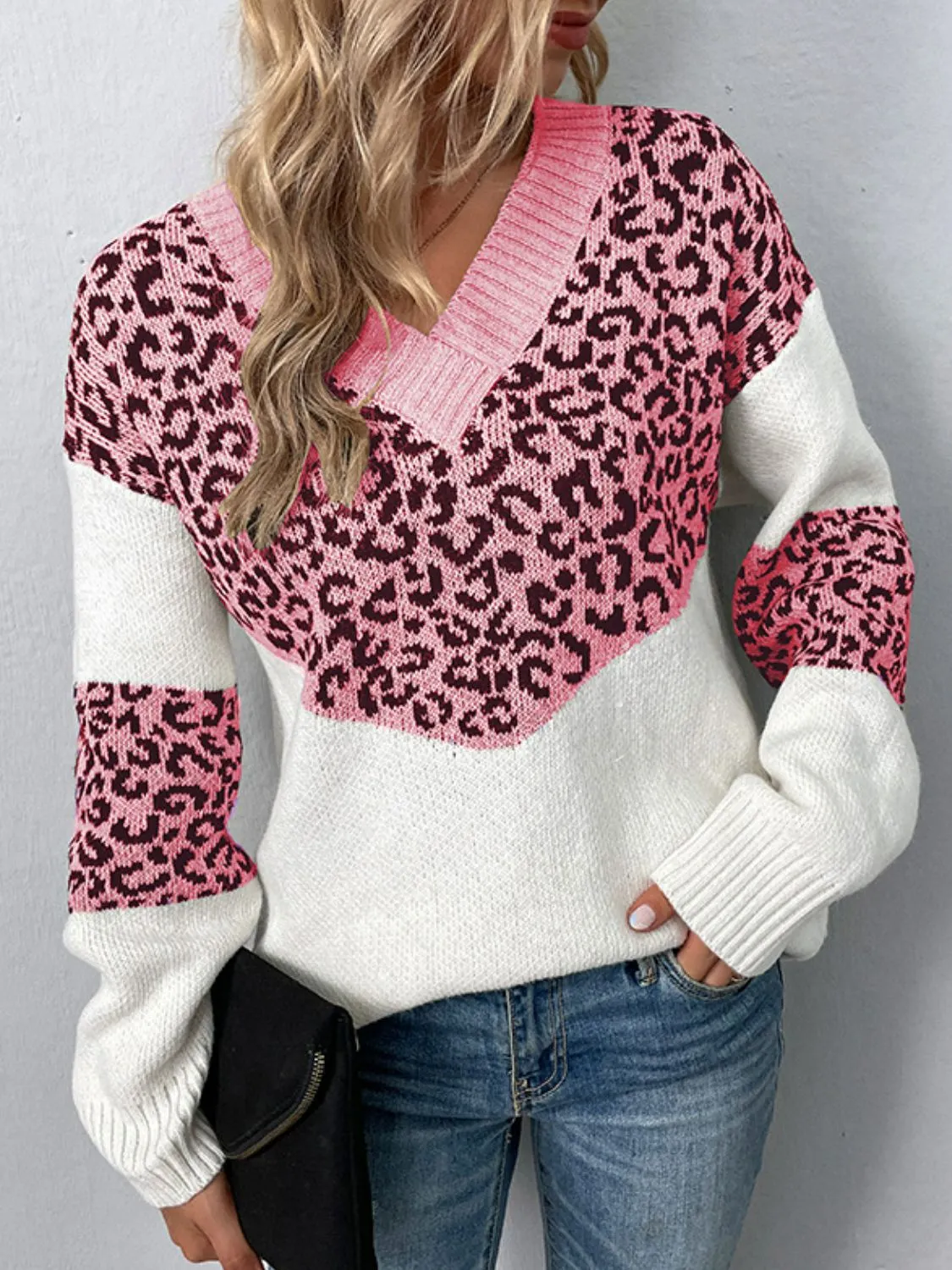Maxct &Leopard V-Neck Dropped Shoulder Sweater