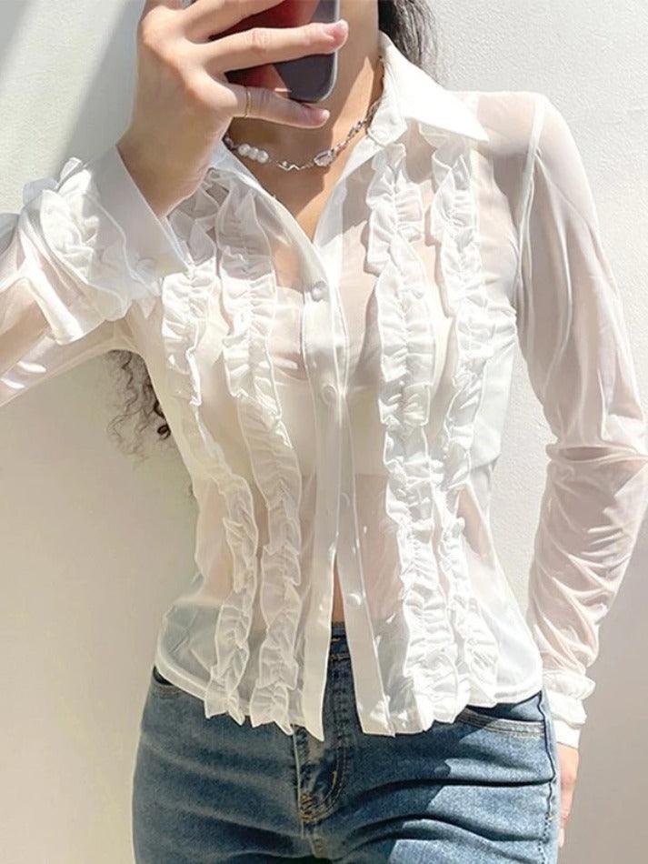 Maxct-Ruffle Trim Sheer Mesh Long Sleeve Blouse