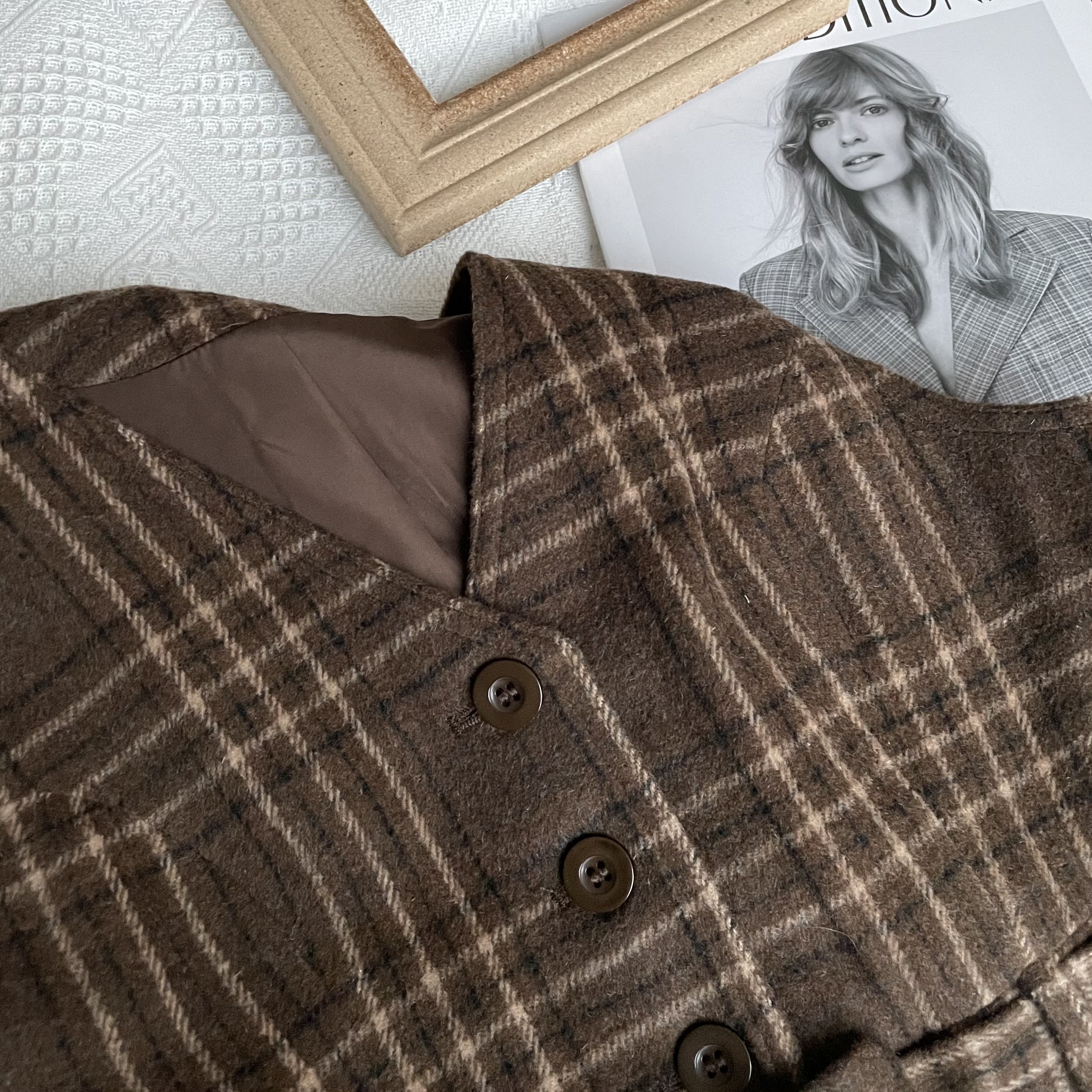 Coffee Plaid Pinafore Dress / Blouse Maxct