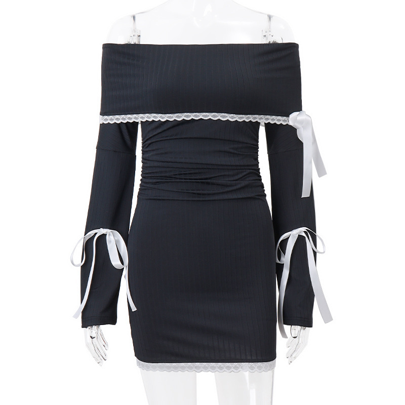 Strapless Sexy Black Dress Women Autumn Off Shoulder Long Sleeves Lace Knitting Bandage Mini Dresses Slim Elegant Club Partywear