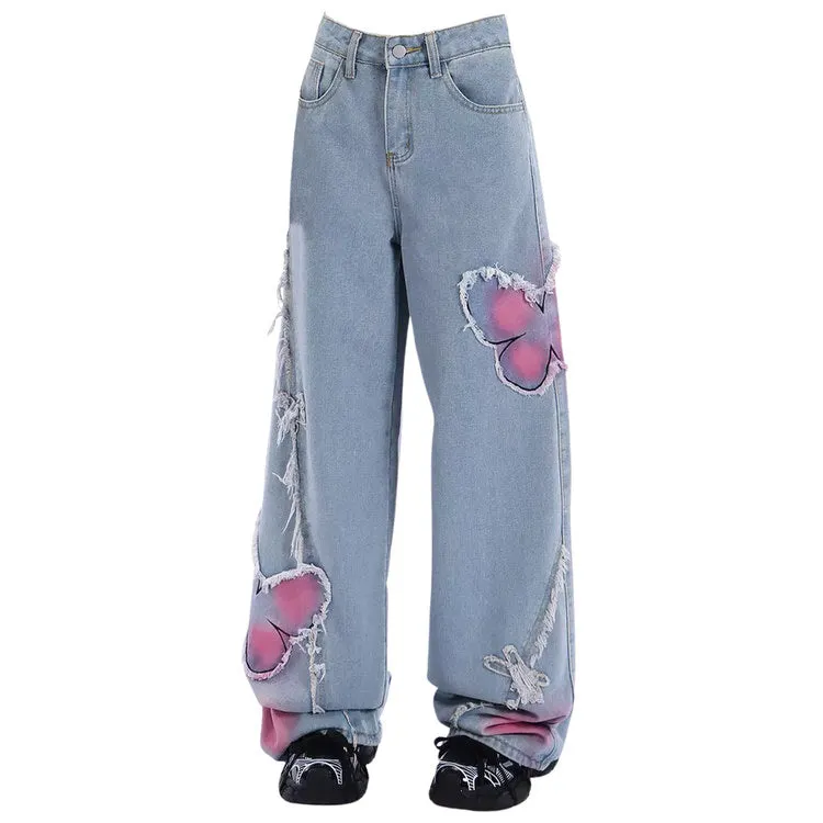 Pink Butterfly Wide Leg Jeans Maxct