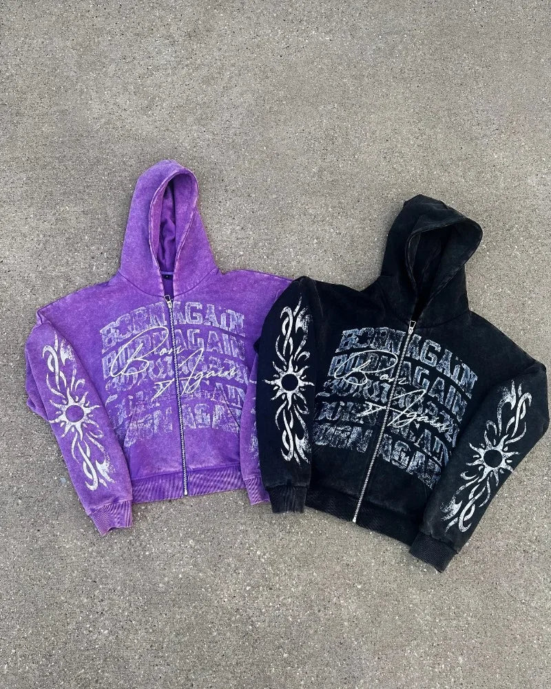 Maxct American Retro Gothic Rock Letter Print Hoodie Men's Y2K Streetwear Harajuku Loose Casual Zipper Sweatshirt Couple Style Clothes
