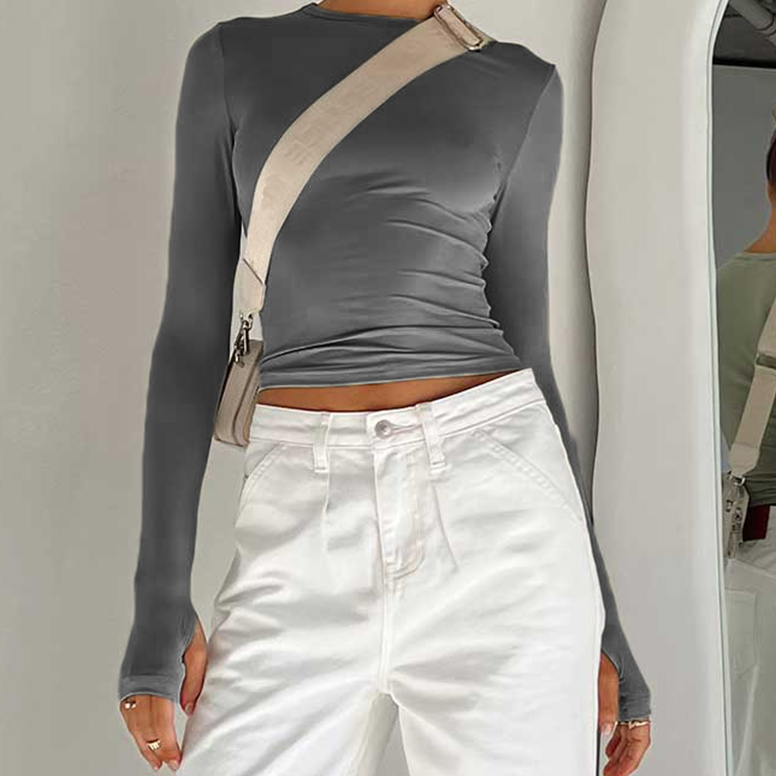Maxct Women's Vintage Y2K Retro Slim Fit Crop Tops Long Sleeve Crew Neck Solid Color Basic Casual T-Shirts with Thumb Holes